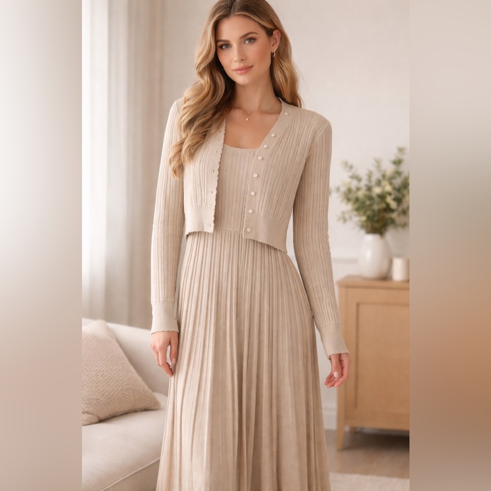 Cream full length dress with matching cardigan